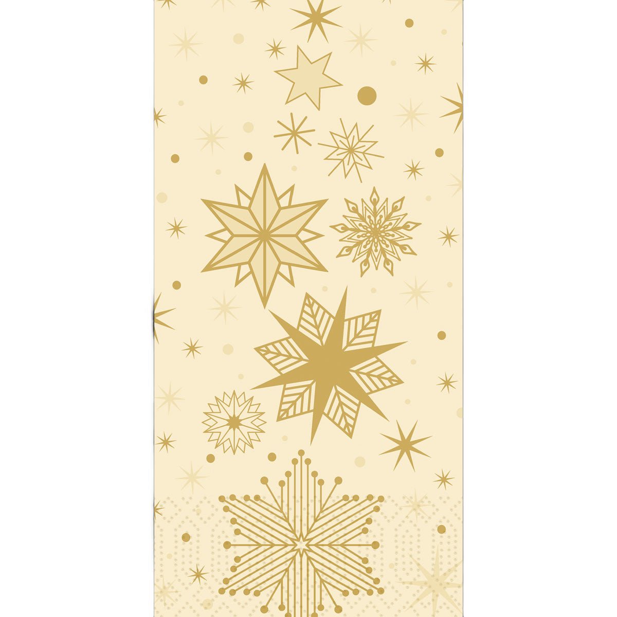Servietterne 40x40 3-lags 1/8 Stargazing cream fra Duni GmbH har en beige baggrund med forskellige gyldne snefnug og små stjerner i et gentagende mønster. Pakken indeholder 250 servietter.
