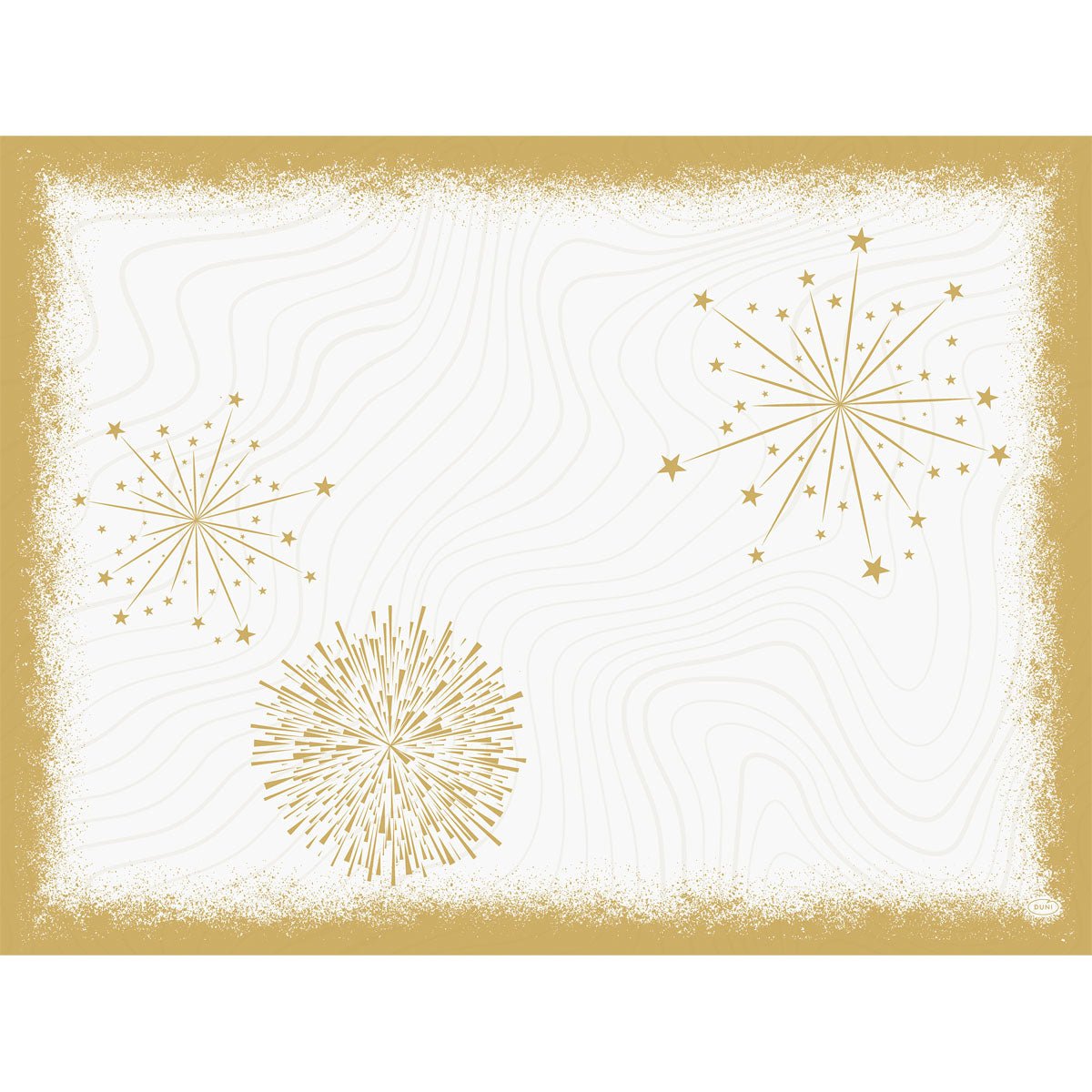 De Bio-Dunicel-sæt 30x40 Sparkly white fra Duni GmbH (pakke med 100 stk.) har en hvid baggrund med en gylden, struktureret kant og tre gyldne stjernemønstre og tilbyder miljøvenlig elegance med diskrete bølgelinjer i midten.