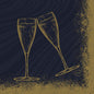 På de sorte Bio-Dunisoft 20x20 Sparkly Cheers servietter fra Duni GmbH (pakke, 180 stykker) er der en enkel stregtegning af to rørende champagneglas, som skiller sig ud mod en mørk baggrund med gyldne stænk og et "DUNI"-oval nederst til højre.