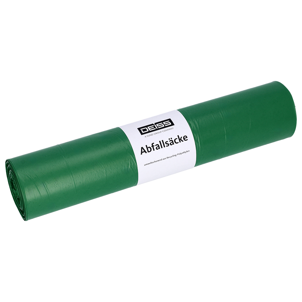 Abgebildet ist eine Rolle EMIL DEISS KG (GmbH + Co.) Abfallsäcke, DEISS 22012 - 700x1100 mm Typ 60 grün (25 Säcke), mit weißem "Abfallsäcke"-Etikett, auf weißem Hintergrund.