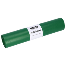 Abgebildet ist eine Rolle grüner EMIL DEISS KG (GmbH + Co.) Müllsäcke mit der Aufschrift "DEISS 22054 - 700x1100 mm grün | Rolle (25 Stück)" und einem weißen Etikett mit der Aufschrift "Abfallsäcke" vor einem schlichten weißen Hintergrund.