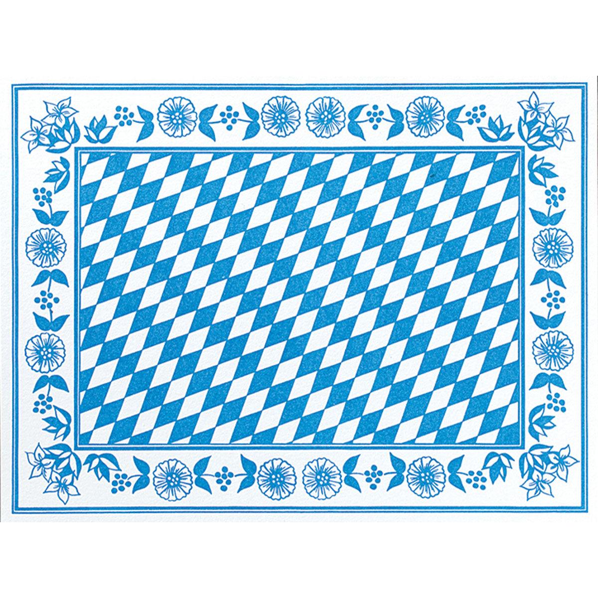 Dunicel-bordservietterne 30x40 cm Bayer Raute fra Duni GmbH viser et blå-hvidt diamantmønster med blå blomster og blade på hvid baggrund - perfekt til elegante lejligheder. Pakke med 100 stk.