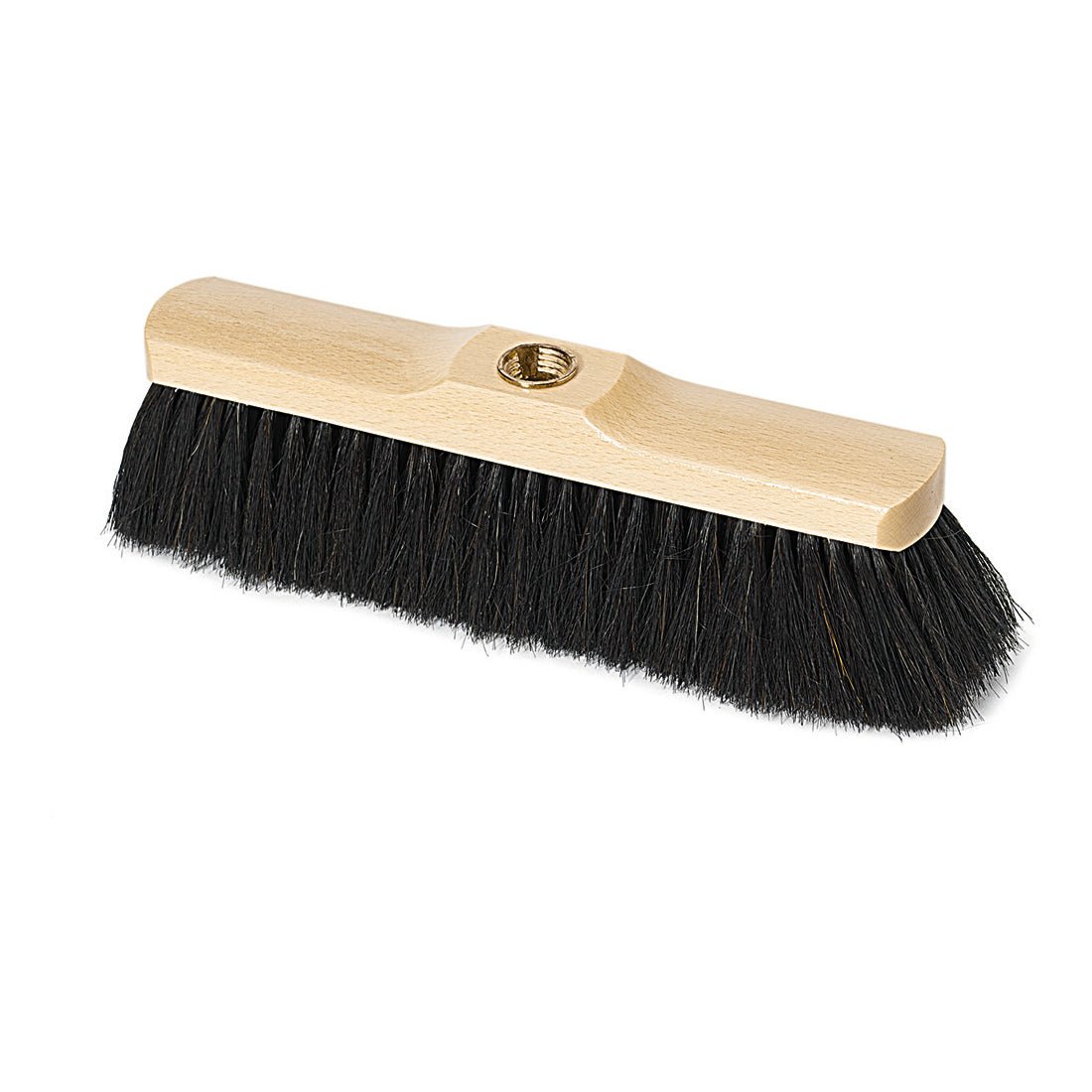 Nölle Profi Brush stuekost, 28 cm hestehår, fra Nölle Profi Brush børste- & penselteknik e.K., har tætte sorte børster og et gevindhul til skaftfastgørelse - ideel til grundig rengøring. Afbildet på hvid baggrund.