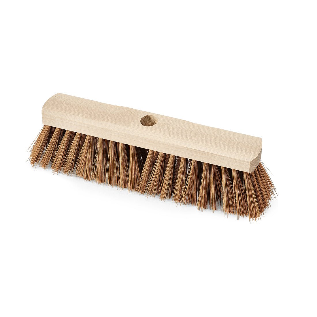 Nölle Profi Brush industrikost 30 cm polykokos med skafthul fra Nölle Profi Brush børste- & penselteknik e.K. er et træbørstehoved med stive brune børster og et midterhul til skaftfastgørelse, ideel til hård industriel brug.