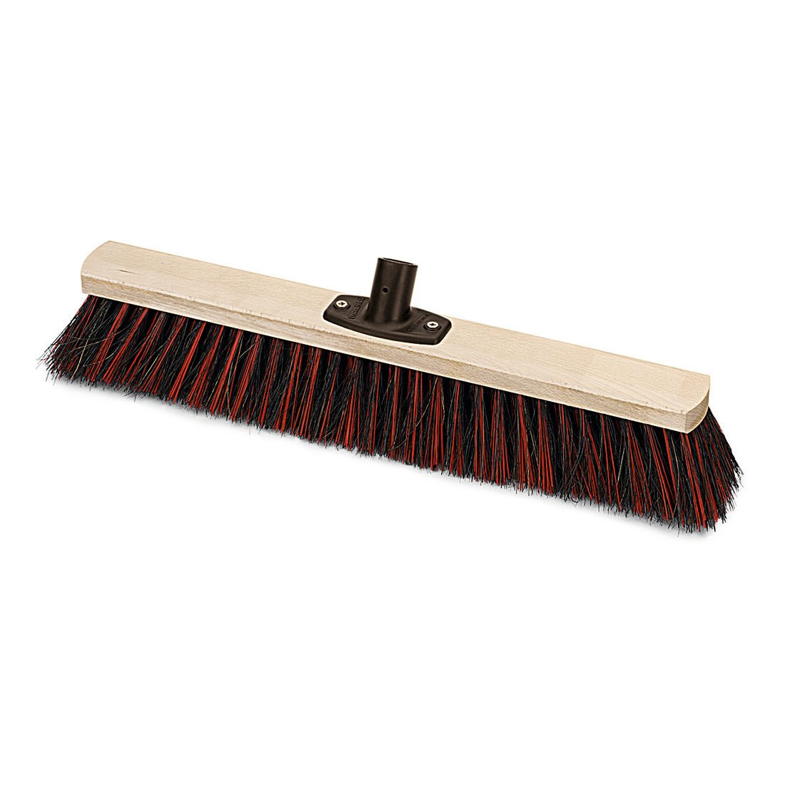 Nölle Profi Brush Power Stick Saalbesen Arenga/Elaston fra Nölle Profi Brush Børster- & Penselteknik e.K. er vist fra siden med træskaftbeslag og sort-røde børster. Skaft ikke monteret - ideel til rengøring af store områder.