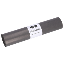 Eine Rolle grauer DEISS 24054 Müllsäcke (700x1100 mm, 25 Stück) der EMIL DEISS KG (GmbH + Co.) mit weißem Etikett steht auf einem schlichten, hellen Hintergrund.