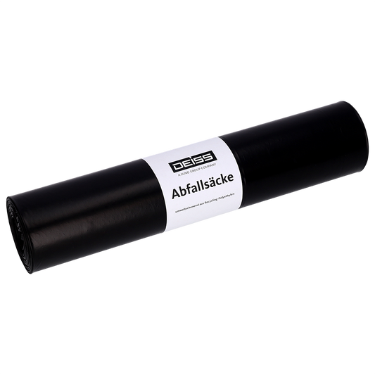 Eine Rolle EMIL DEISS KG (GmbH + Co.) DEISS 25770 Müllsäcke (575x1000 mm, Typ 60, schwarz, 25 Stück) mit weißem Mitteletikett erscheint auf einfarbigem hellem Hintergrund.
