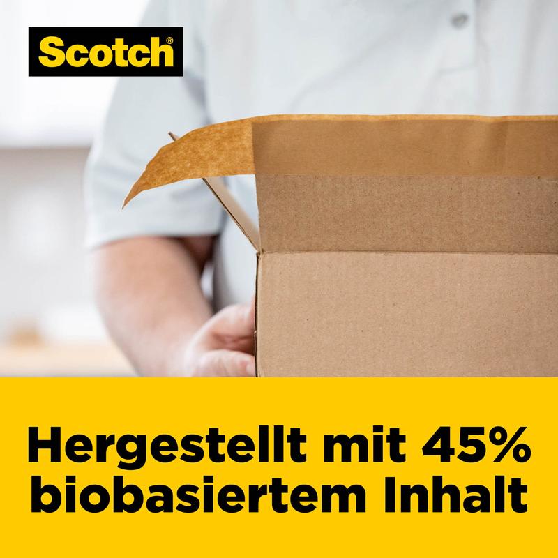 En person holder en åben kasse. Øverst til venstre ses 3M-logoet. Et gult banner nederst viser: "Fremstillet med 45 % biobaseret indhold." Perfekt til Scotch® Box Lock™ papir-emballagetape, 48 mm x 22,8 m.