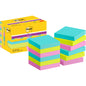 Eine gelbe Schachtel Post-it® Super Sticky Notes (47,6 mm x 47,6 mm, 90 Blatt/Block, 100% PEFC) der 3M Deutschland GmbH steht neben zehn Stapeln quadratischer blauer, gelber und rosafarbener Zettel mit Post-it- und 3M-Logos.