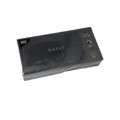 En smart sort pakke PAPSTAR servietter "DAILY Collection" fra PAPSTAR GmbH er perfekt til din borddekoration. Med 150 servietter i det praktiske format 32 x 32 cm og en elegant 1/8-foldning tilbyder de både stil og bæredygtig komfort til enhver lejlighed.