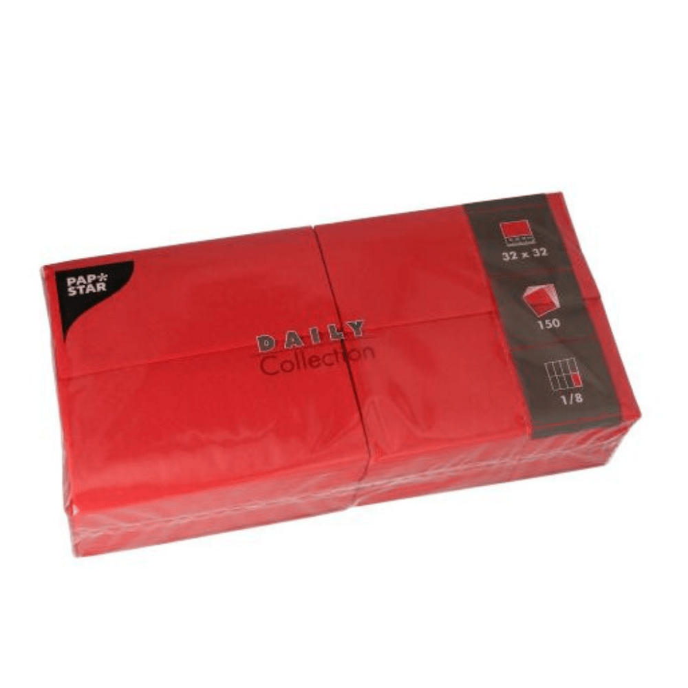 En rød pakke PAPSTAR servietter "DAILY Collection" fra PAPSTAR GmbH sørger med 150 papirservietter i formatet 32 x 32 cm, hver otte gange foldet, for bæredygtig hygge. Ideel til enhver borddekoration.
