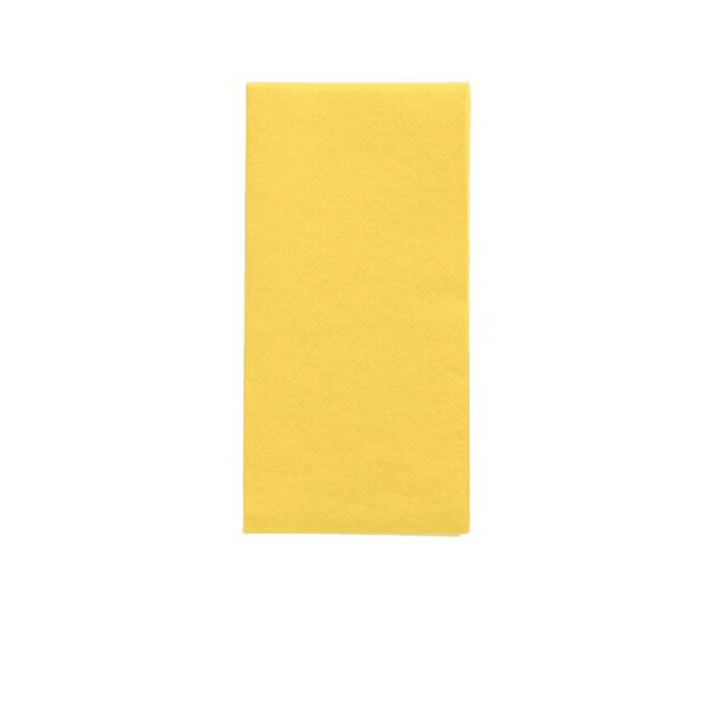 En enkelt, pænt foldet, rektangulær gul serviet fra PAPSTAR servietter „DAILY Collection“ 1/8-fold 32 cm x 32 cm fra PAPSTAR GmbH ligger centreret som en borddekoration på en enkel hvid overflade.