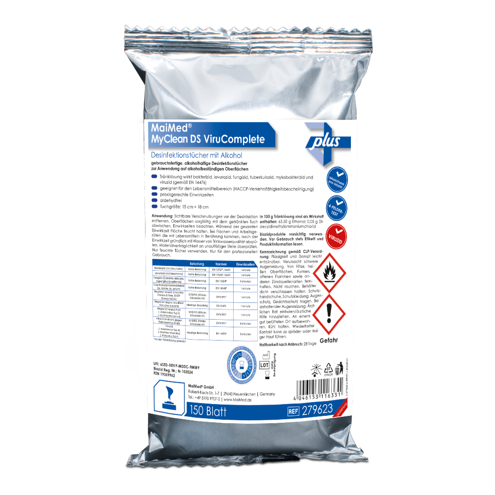 MaiMed MyClean DS ViruComplete Refill 120 stk. Servietter gennemblødt-neutral 15x18cm | Pakke (150 stk.)