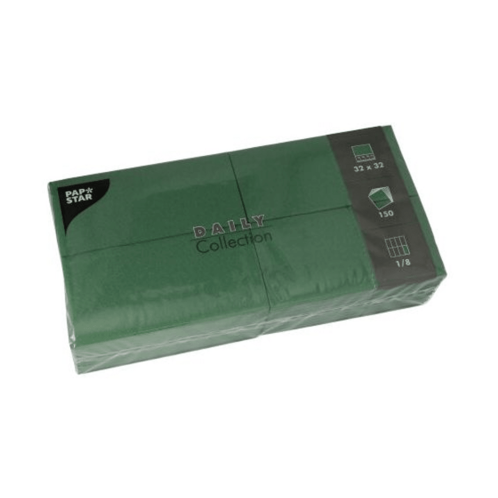 Et sæt PAPSTAR servietter i grøn fra "DAILY Collection" af PAPSTAR GmbH, pakket i plast, sikrer bæredygtig komfort. Servietterne er 32 x 32 cm store og kommer i en pakke med 150 stykker, ideelle til at opgradere din borddekoration.