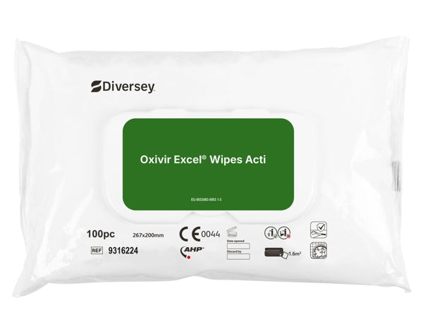 Diversey Oxivir® Excel aftørre desinfektionshåndklæder med en lang række effekter | Pakke (100 håndklæder)