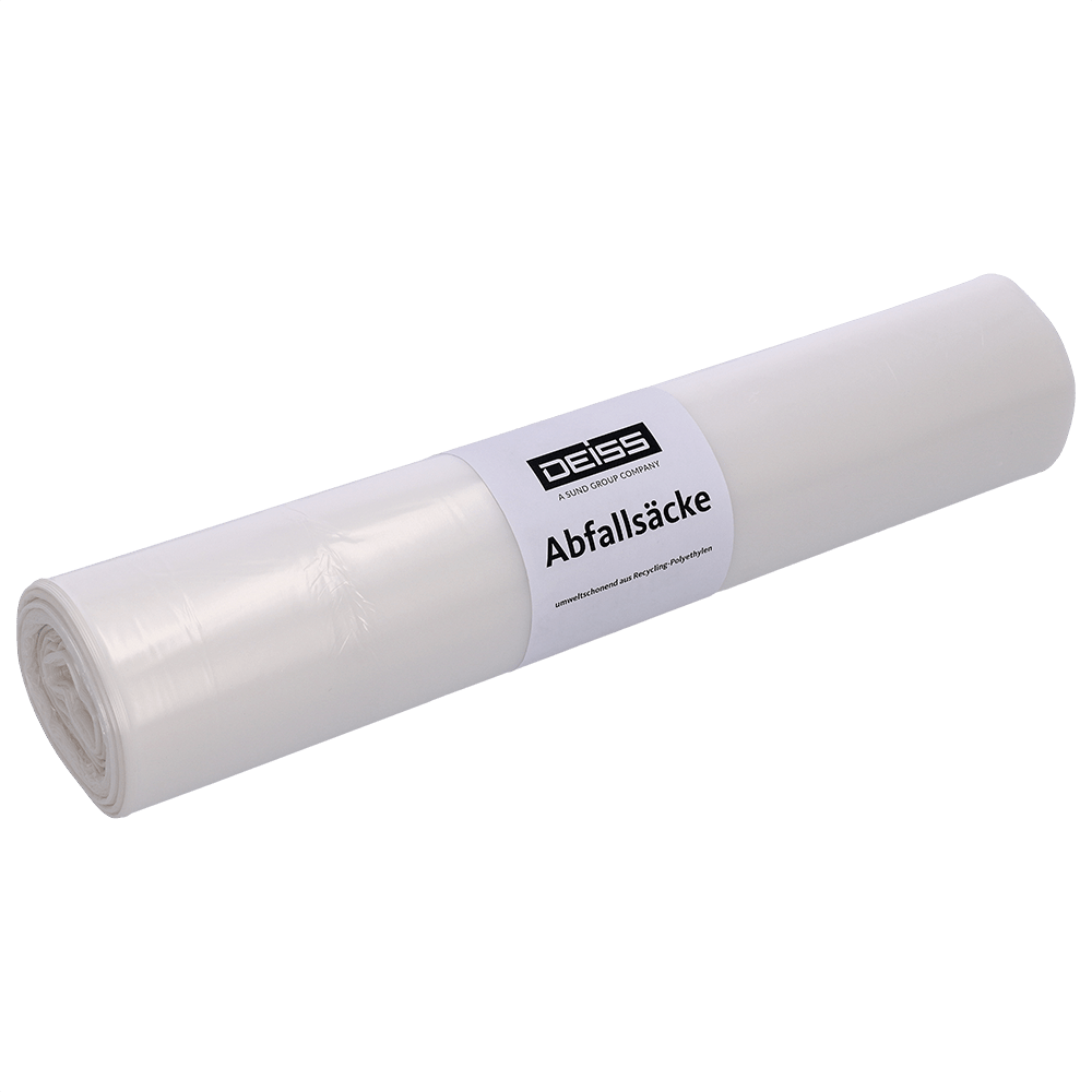 En gennemsigtig rulle "DEISS 29770 - 575x1000 mm Type 60" affaldsposer fra EMIL DEISS KG (GmbH + Co.), indeholder 25 stykker. Emballagefolien viser en klar branding og tekst for nem identifikation og varetransport.