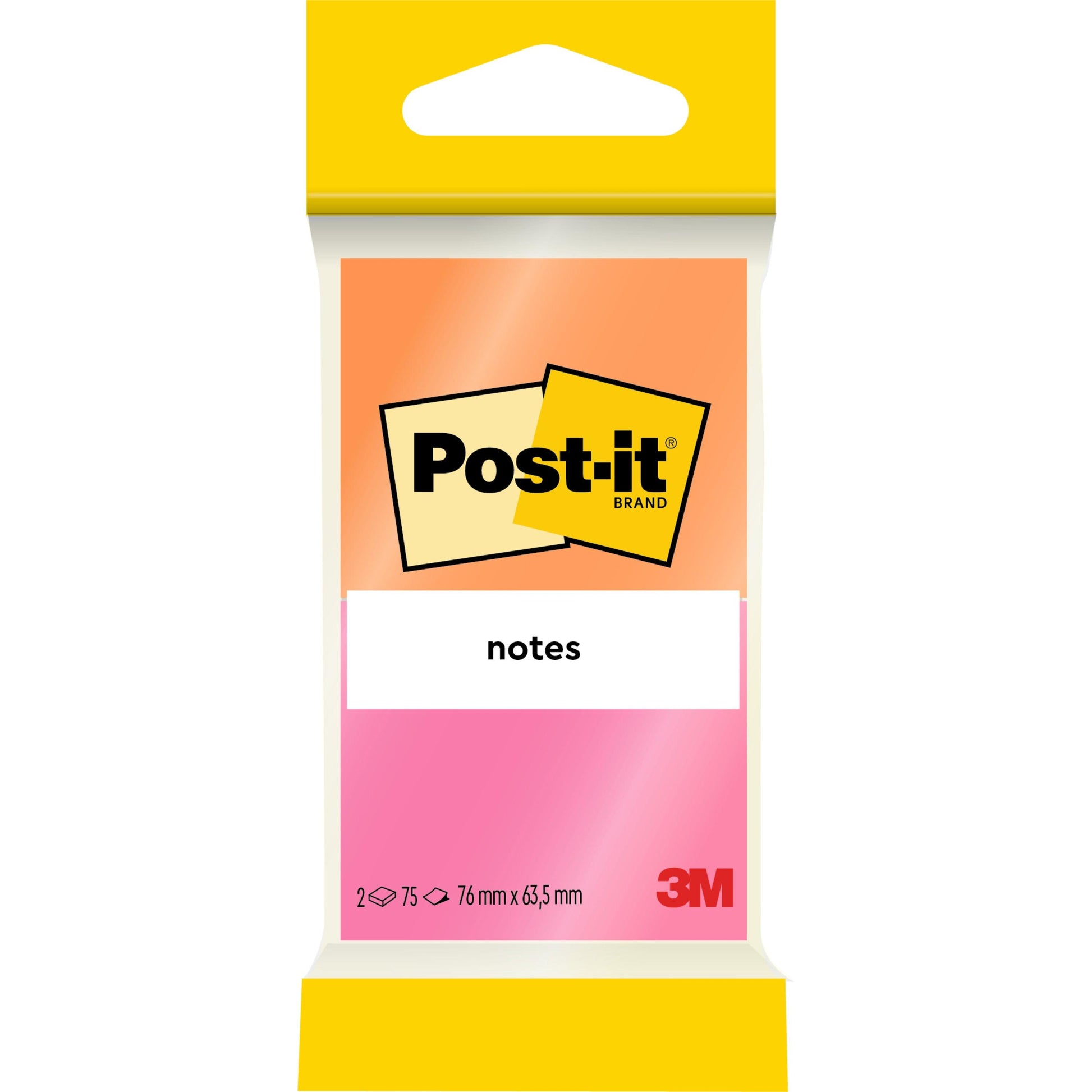 Eine Packung 3M Post-it® Notes, Joyful Collection, 76 x 63,5 mm, 2 Blöcke mit je 75 Blatt, PEFC-zertifiziert (SGSCH-PEFC-COC-110078), mit orange-rosa Design und Markenverpackung.