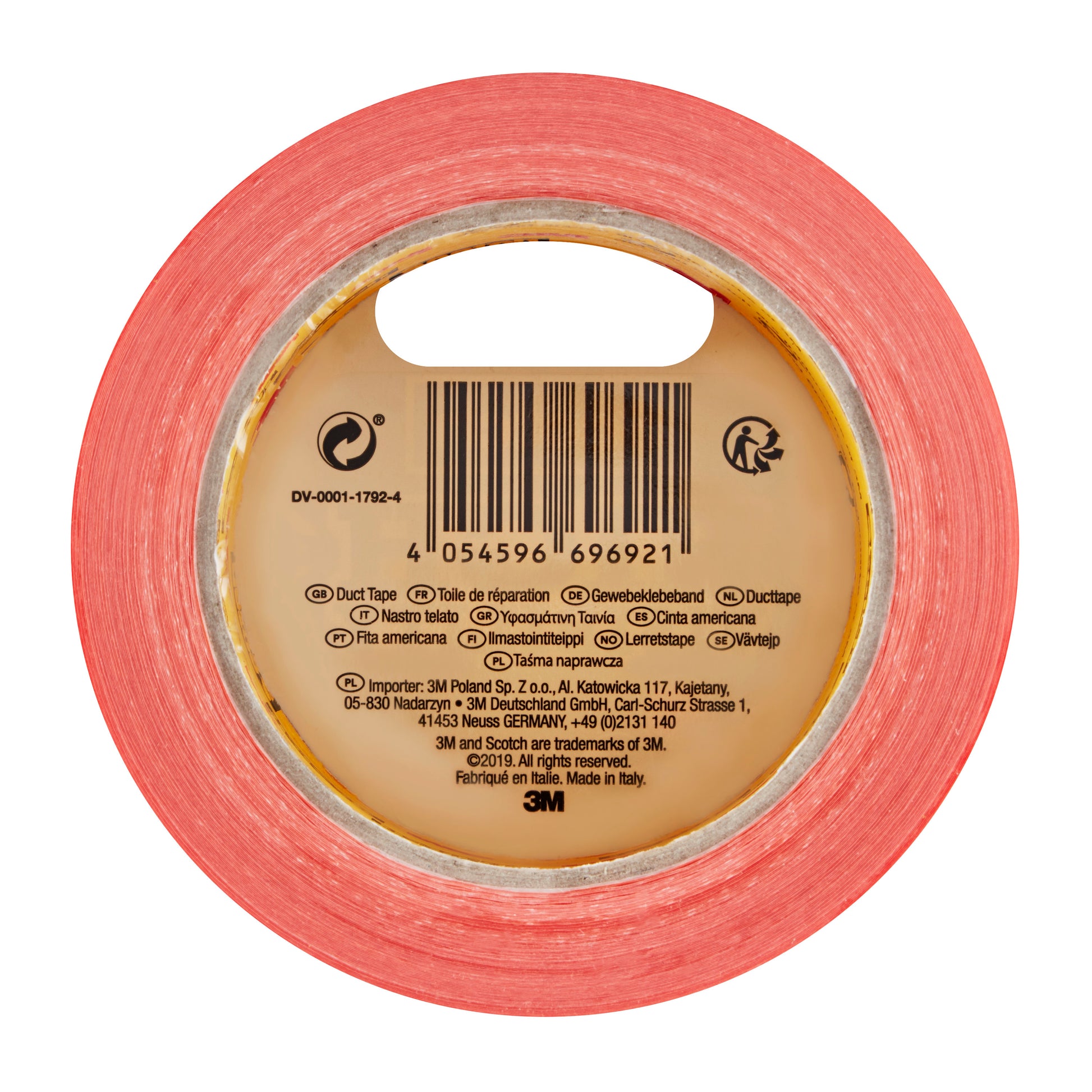 Eine Rolle orangefarbenes Scotch® High Visibility Klebeband (25 m x 48 mm) von 3M Deutschland GmbH in der Draufsicht, mit Barcode und Produktinformation auf dem braunen Innenetikett.