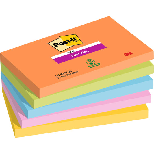 Ein Stapel von sechs rechteckigen Post-it® Super Sticky Notes (76 mm x 127 mm, 90 Blatt/Block, 100% PEFC) in den Farben Orange, Grün, Blau, Pink, Lila und Gelb. Auf dem oberen orangefarbenen Zettel sind das Post-it®- und das 3M-Logo sowie Produktangaben abgebildet.
