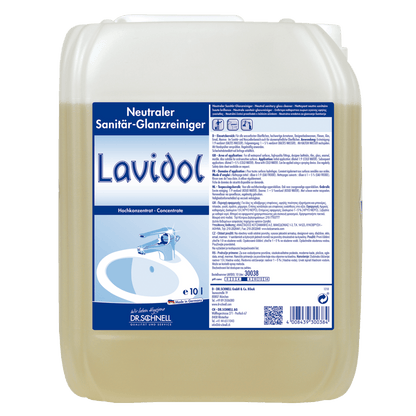 En 10-liters plastbeholder af Dr. Schnell LAVIDOL sanitetsrens fra DR.SCHNELL GmbH & Co. KGaA, med en blå-hvid etiket med oplysninger om brug og mærke samt et billede af en håndvask med vandhane.