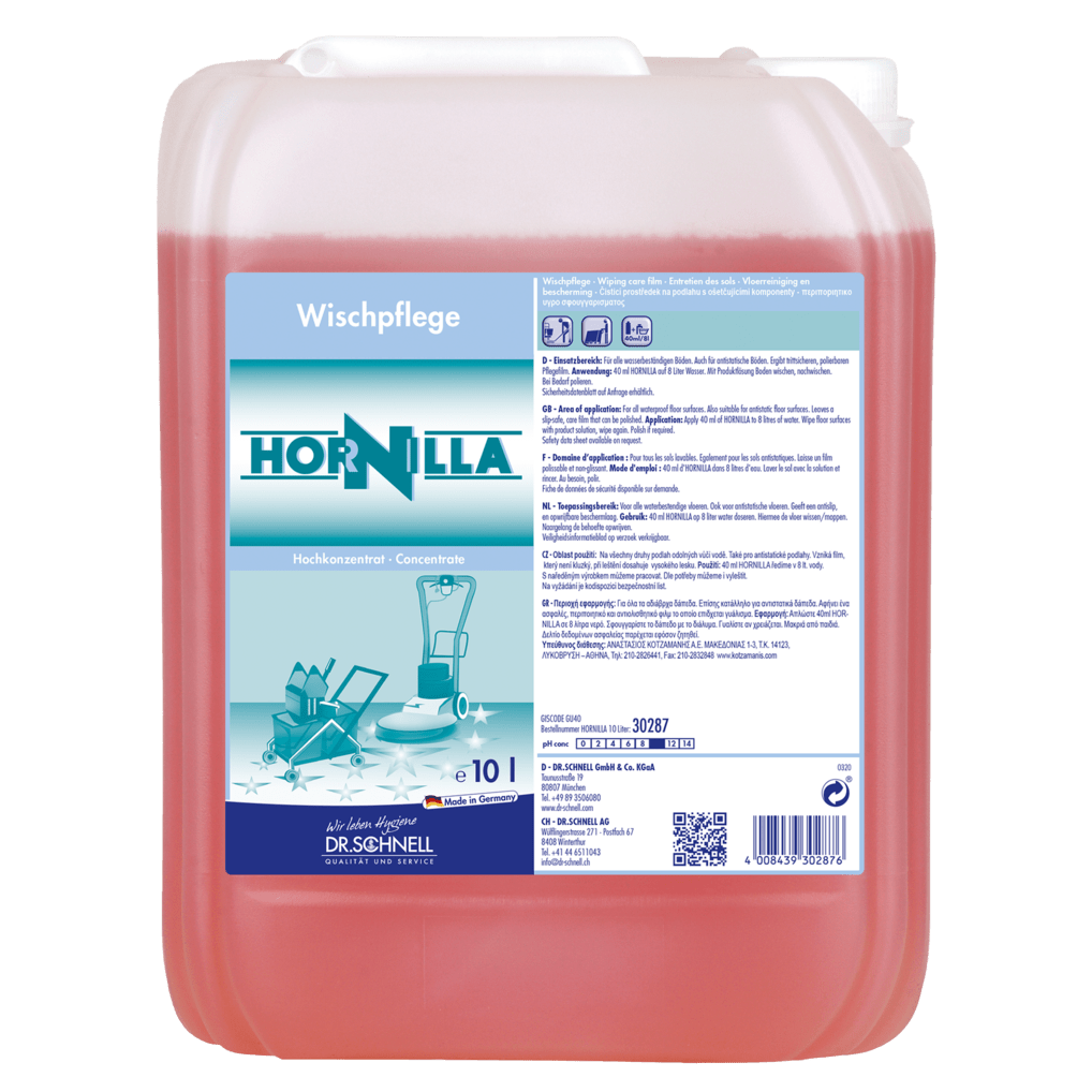 Ein 10-Liter-Behälter von Dr. Schnell HORNILLA der DR.SCHNELL GmbH & Co. KGaA, gefüllt mit roter Flüssigkeit. Das deutsche Etikett zeigt Produktangaben, Gebrauchsanweisungen und Sicherheitssymbole für kraftvolle Reinigung.