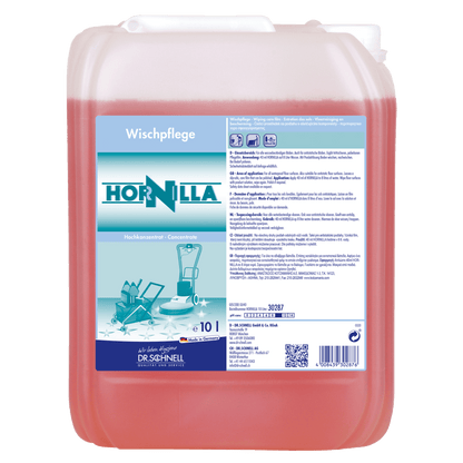Ein 10-Liter-Behälter von Dr. Schnell HORNILLA der DR.SCHNELL GmbH & Co. KGaA, gefüllt mit roter Flüssigkeit. Das deutsche Etikett zeigt Produktangaben, Gebrauchsanweisungen und Sicherheitssymbole für kraftvolle Reinigung.