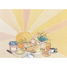 Ein Frühstückstisch mit Brot, Marmelade, Kaffee, Obst und Blumen ist auf Dunicel Tischsets 30x40 cm von Duni GmbH (100 Stück) gedeckt, während im Hintergrund die Morgensonne aufgeht - perfekt für Feste und Feiern.