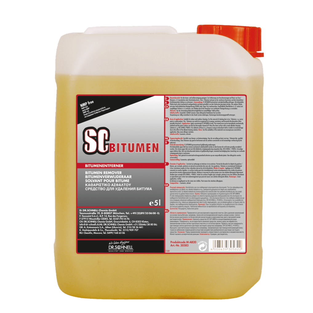 Den 5-liters plastikdunk af Dr. Schnell SC BITUMEN Graffitifjerner fra DR.SCHNELL GmbH & Co. KGaA har et rødt låg, en flersproget etiket med advarselsoplysninger og er ideel som en kraftfuld overfladerens til genstridige rester.