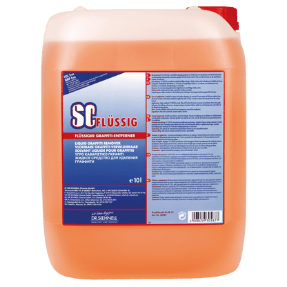 En 10-liters beholder af gennemsigtig plast med orange væske og rødt låg. På etiketten står der "Dr. Schnell SC FLYDENDE Graffitifjerner" fra DR.SCHNELL GmbH & Co. KGaA, med produktinformation på flere sprog.