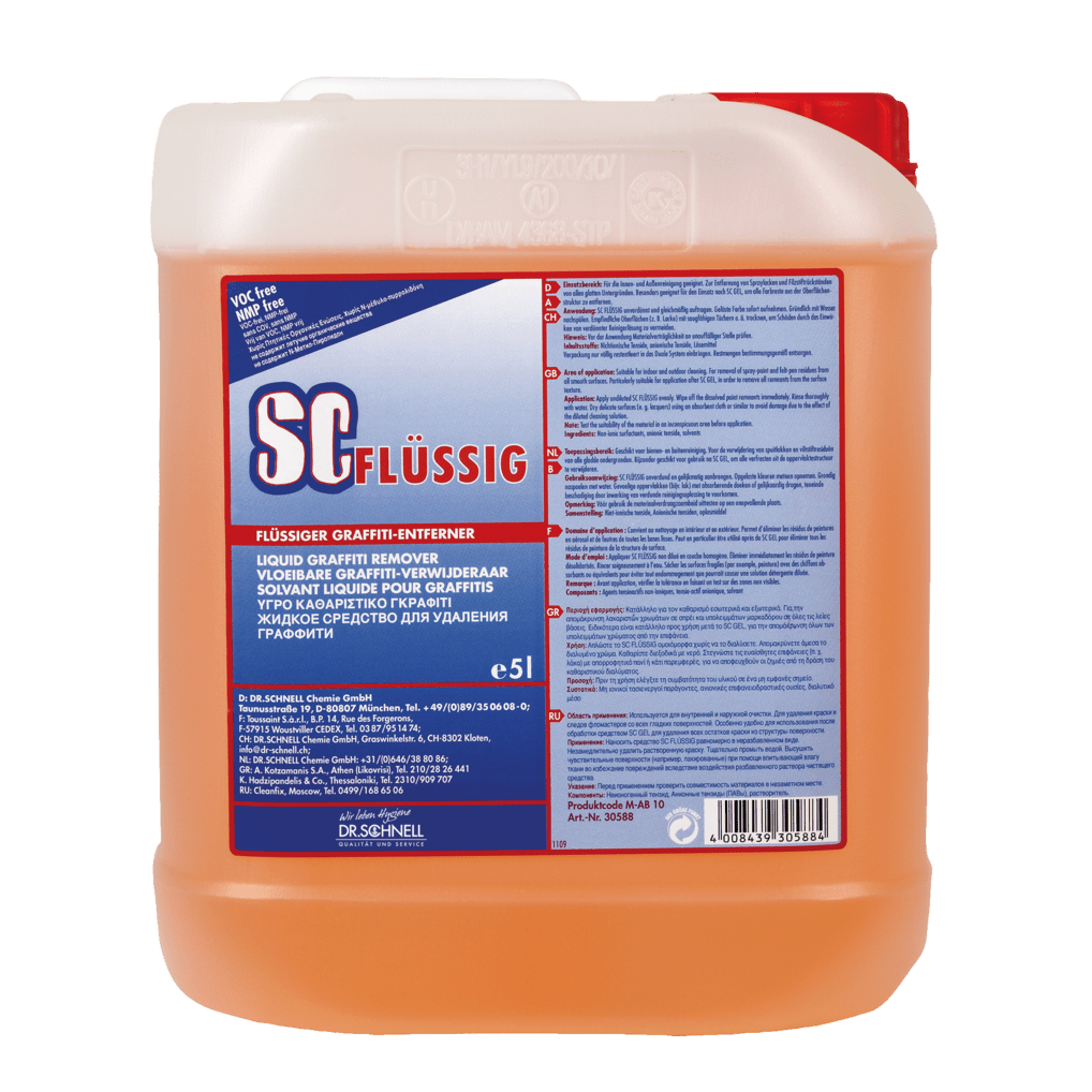 En 5-liters plastbeholder af Dr. Schnell SC FLYDENDE Graffitifjerner fra DR.SCHNELL GmbH & Co. KGaA, fyldt med orange væske og mærket med flersprogede produktinformationer og sikkerhedsanvisninger til fjernelse af graffiti.