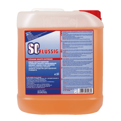 En 5-liters plastbeholder af Dr. Schnell SC FLYDENDE Graffitifjerner fra DR.SCHNELL GmbH & Co. KGaA, fyldt med orange væske og mærket med flersprogede produktinformationer og sikkerhedsanvisninger til fjernelse af graffiti.