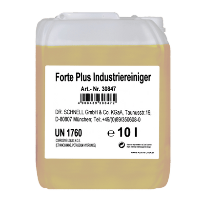 Ein 10-Liter-Transluzenzbehälter von Dr. Schnell FORTE PLUS INDUSTRIEREINIGER der DR.SCHNELL GmbH & Co. KGaA mit weißem Etikett mit Produkt-/Herstellerangaben, UN 1760 und Sicherheitshinweisen; gelbe Flüssigkeit für Industrie Reinigung und starke Verschmutzungen.