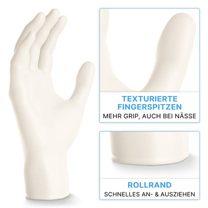 Aufrecht stehend ist ein ARNOMED NITRIL WHITE 200er Nitrilhandschuh der ARNOWA GmbH abgebildet, der mit seinen texturierten Fingerspitzen und dem Rollrand für Griffigkeit und einfaches Anziehen sorgt - ideal als Einweghandschuh.