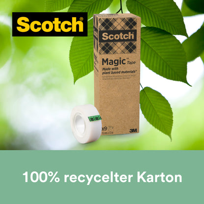 Eine Packung Scotch® Magic™ Klebeband (9 Rollen, 19 mm x 33 m) von 3M Deutschland GmbH, hergestellt mit 66 % pflanzlichem Klebstoff und 100 % recyceltem Karton - ideal für nachhaltigen Bürobedarf.