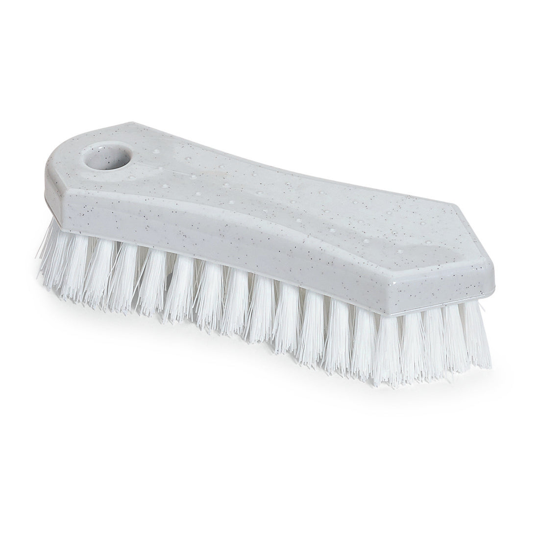 Die Nölle Profi Brush Allzweckbürste 18 cm von Nölle Profi Brush Bürsten- & Pinseltechnik e.K. verfügt über harte PP-Borsten und ein Stielloch, ideal für die Reinigung, hier in grauem Kunststoff auf weißem Grund.