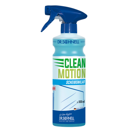 Eine 500 ml Sprühflasche der DR.SCHNELL GmbH & Co. KGaA Dr. Schnell CLEANMOTION SCHEIBENKLAR Glasreiniger, mit blauem Auslöser und weiß-blauem Etikett mit grüner Schrift, für die streifenfreie Reinigung.