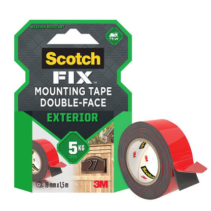 3M Deutschland GmbH Scotch-FIX™ Dobbeltsidet Udendørs Monteringsbånd 5412-1915-P, 19 mm x 1,5 m (1 rulle/pakke), er et vejrbestandigt monteringsbånd, der kan bære op til 5 kg og er ideelt til udendørs anvendelser.