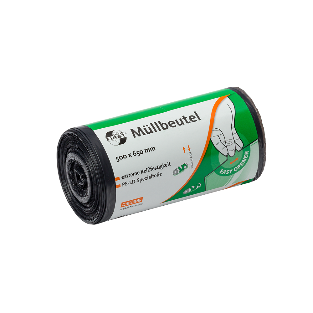 EMIL DEISS KG (GmbH + Co.) DEISS 34007 affaldsposer, 500x650 mm grå, rulle med 50 stykker, ideel til kontorartikler. Den grå rulle viser en håndgrafik og et "easy opener"-symbol for nem åbning.