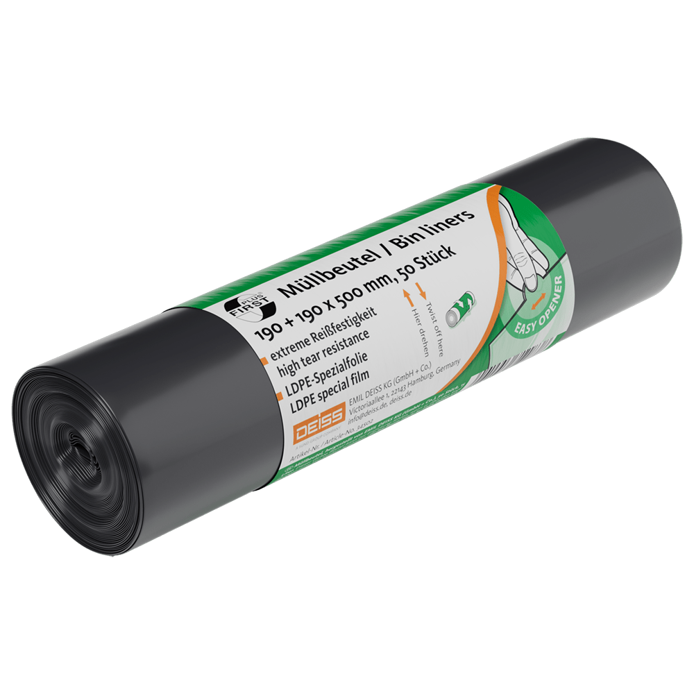 En rulle DEISS 34502 affaldsposer (50 stk., grå) fra EMIL DEISS KG er forsynet med en grøn-hvid tysk/engelsk etiket, der viser en hånd, der trækker en pose, og fremhæver rivstyrken, den specielle LDPE-film og egnetheden til affaldsbortskaffelse.
