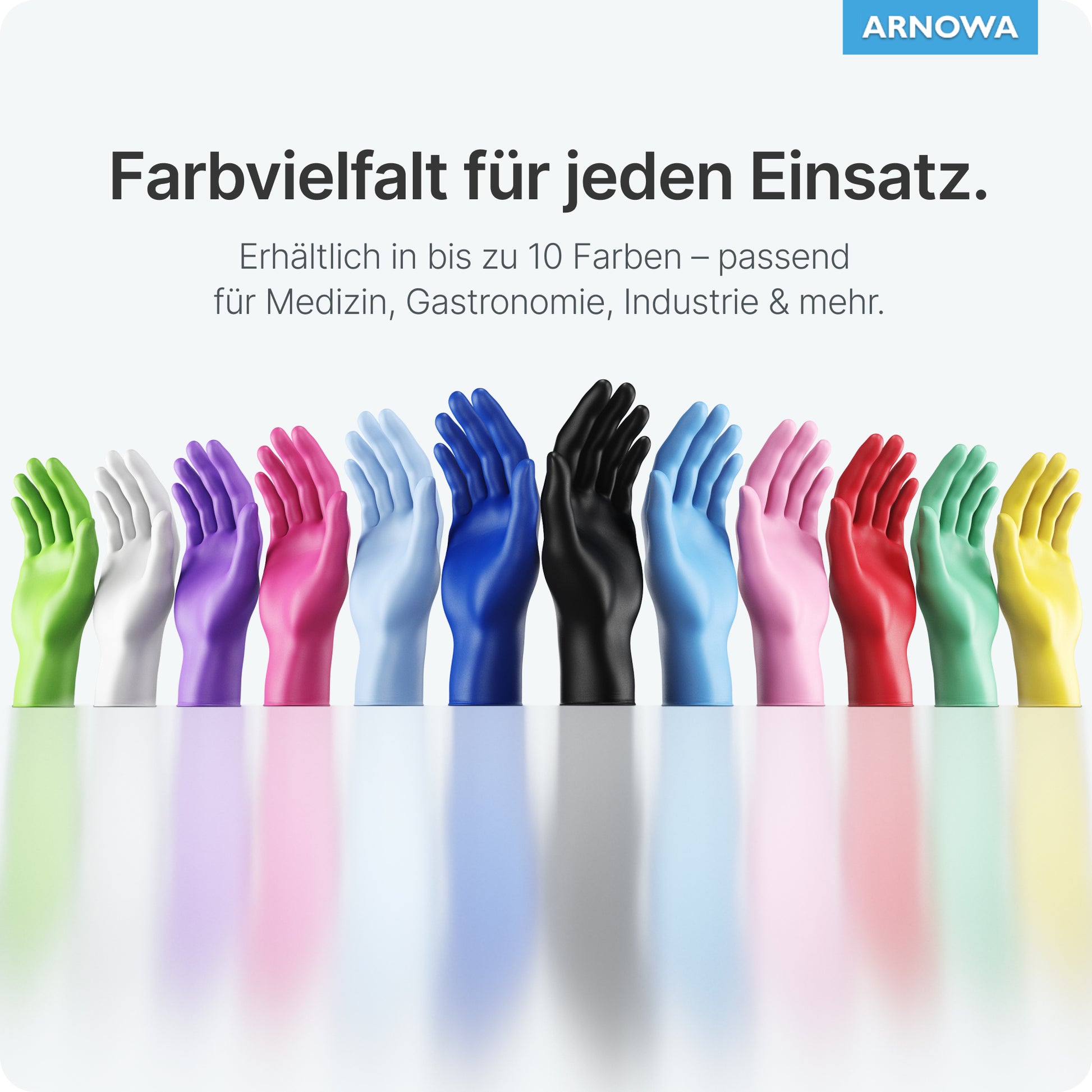 Eine Reihe von ARNOMED NITRIL BLUE reißfesten Einmalhandschuhen der ARNOWA GmbH ist vor einem hellen Hintergrund abgebildet, darüber ein deutscher Text mit dem Hinweis auf die latexfreie Qualität für den medizinischen, gastronomischen und industriellen Einsatz. In der Ecke befindet sich das ARNOWA-Logo.