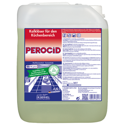 Ein 10-Liter-Behälter von Dr. Schnell PEROCID Kalklöser für Oberflächen der DR.SCHNELL GmbH & Co. KGaA, mit weißem Deckel und Griff, ist mit einem rot-blauen deutschen Etikett mit Hinweisen und Sicherheitssymbolen versehen.