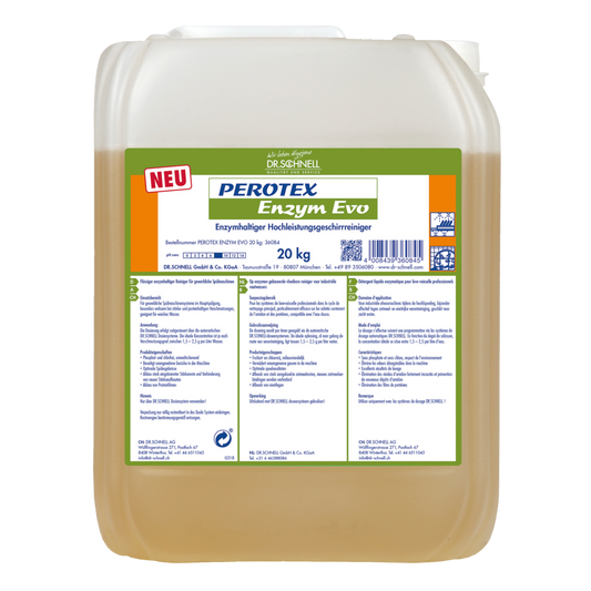 Ein 20 kg Gebinde Dr. Schnell PEROTEX ENZYM EVO von DR.SCHNELL GmbH & Co. KGaA, einem enzymatischen Reiniger für den professionellen Einsatz, mit Produktangaben und Anweisungen auf einem weißen Etikett mit blauer und grüner Schrift.