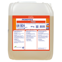 Ein 30-kg-Kunststoffbehälter von Dr. Schnell PEROTEX PUR Geschirrreiniger für gewerbliche Spülmaschinen (DR.SCHNELL GmbH & Co. KGaA) mit weißer Kappe, Gefahrenetiketten und einem Frontetikett mit Produktangaben und Sicherheitshinweisen.