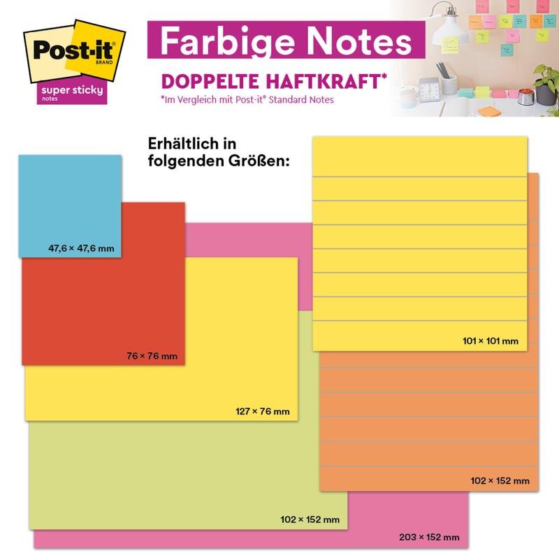 En display af 3M Deutschland GmbH Post-it® Super Sticky Notes, 76 mm x 127 mm, 90 ark pr. blok, 100% PEFC-certificeret, med synlige noter på en kontorvæg i baggrunden.
