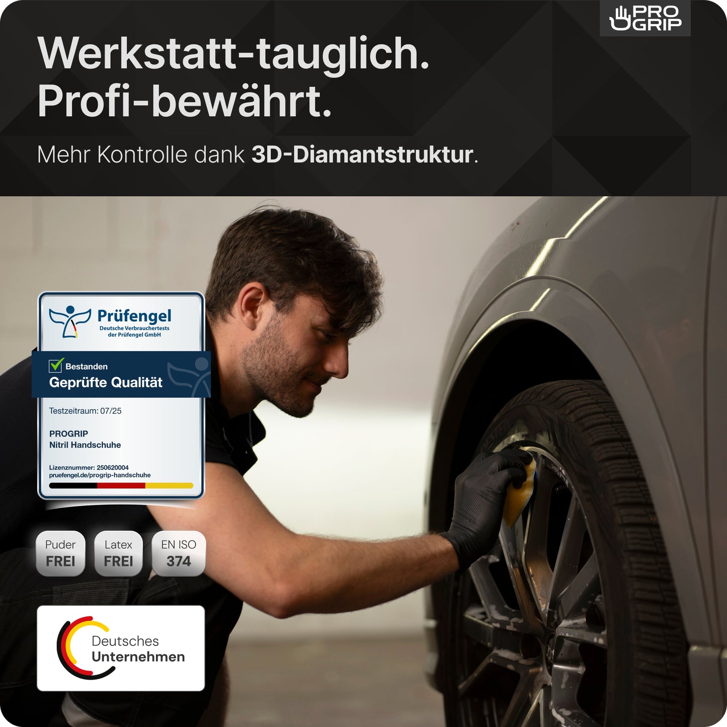 En mand bærer ARNOWA PROGRIP NITRIL DIAMOND BLACK engangshandsker og rengør et bildæk. Teksten fremhæver professionel kvalitet, diamantstruktur og certificering, mens ikoner viser produktegenskaberne.