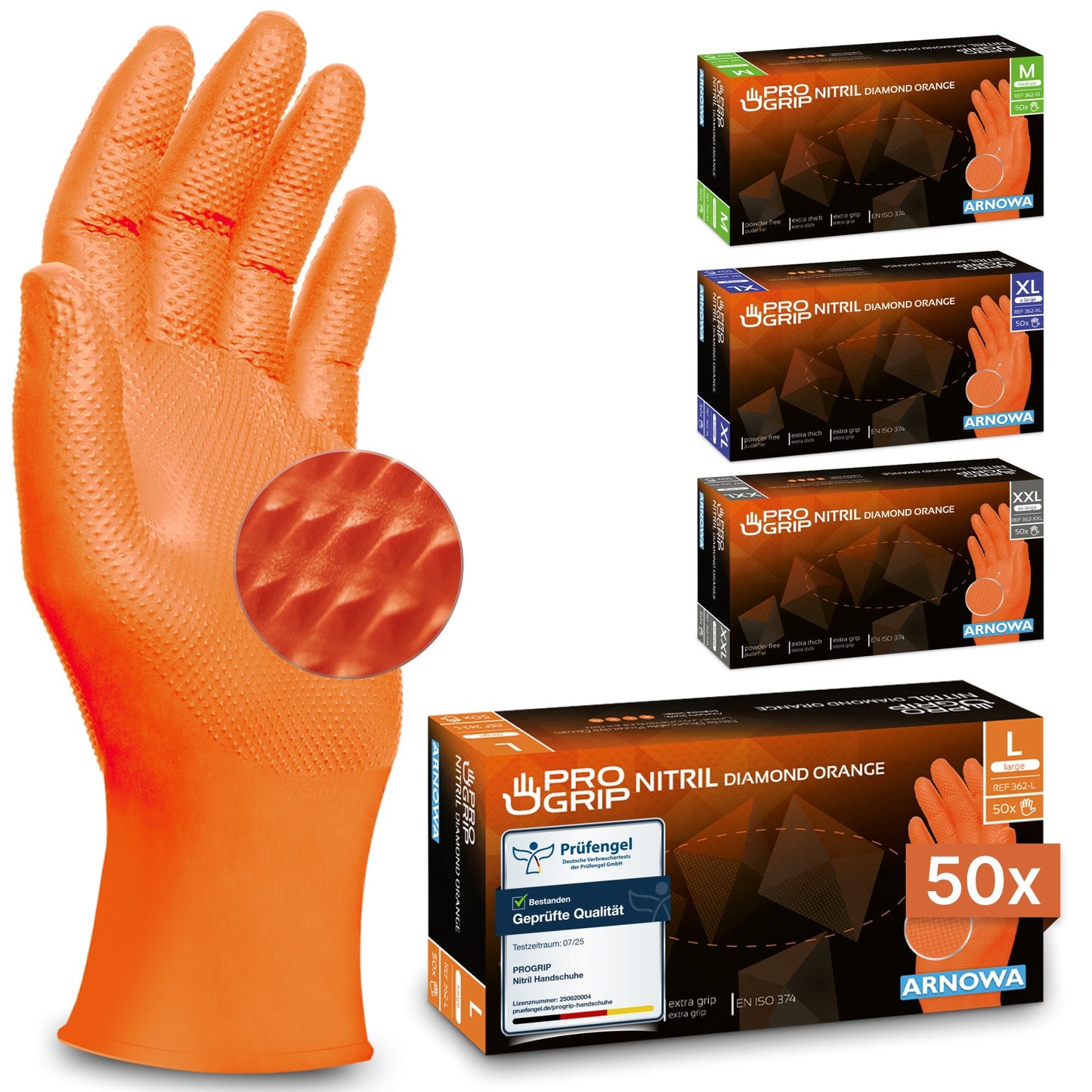 En opretstående PROGRIP NITRIL DIAMOND ORANGE engangshandske fra ARNOWA GmbH med diamantstruktur er synlig. Ved siden af står fire kasser til størrelser M, L (50x), XL og XXL.