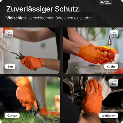 En collage viser hænder, der bærer PROGRIP NITRIL DIAMOND ORANGE engangshandsker fra ARNOWA GmbH med diamantstruktur i orange, som bruges til havearbejde, bilrensning, køkkenarbejde og håndtering af byggematerialer.