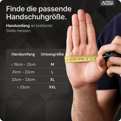 En person måler sin hånd med et gult bånd til størrelsesbestemmelse af ARNOWA GmbH PROGRIP NITRIL DIAMOND ORANGE engangshandsker. En tabel viser M, L, XL, XXL håndomkredse; mål ved det bredeste punkt for den bedste pasform af disse rivefaste nitrilhandsker.