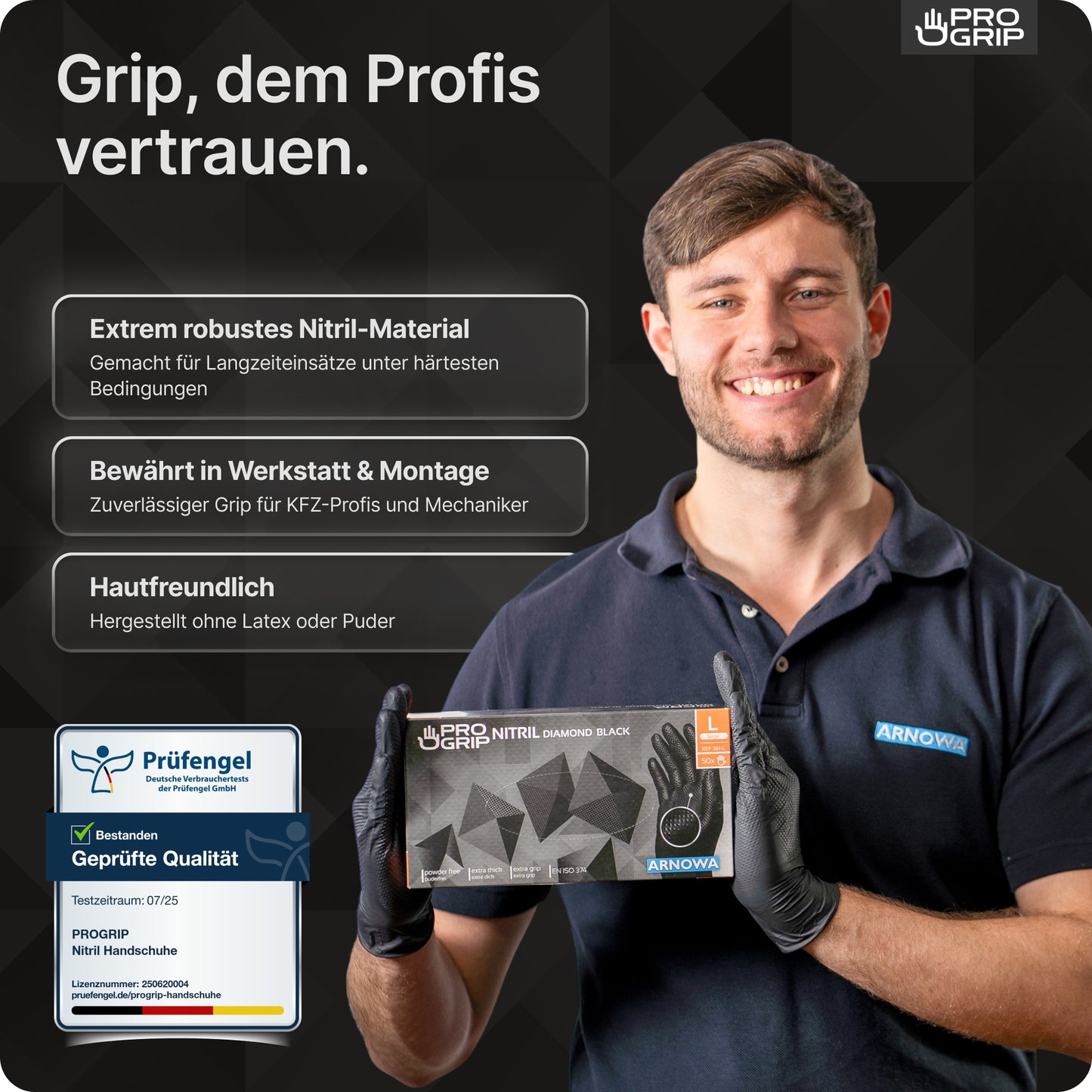 En mand i mørk polo og handsker holder en æske PROGRIP NITRIL DIAMOND ORANGE fra ARNOWA GmbH. Teksten fremhæver den rivefaste diamantstruktur af de orange nitrilhandsker for holdbarhed, værkstedsegnethed og hudvenlighed. Et certificeringsmærke er afbildet.