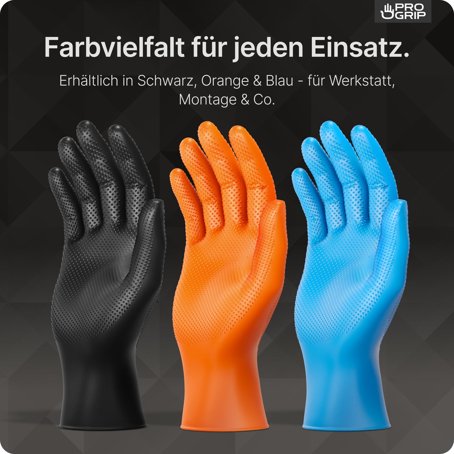 PROGRIP NITRIL DIAMOND ORANGE fra ARNOWA GmbH - rivefaste, rombeformede nitrilhandsker i orange - står oprejst foran mørk baggrund, med tysk tekst, der indikerer deres farve og værksted-/monteringsegnethed.